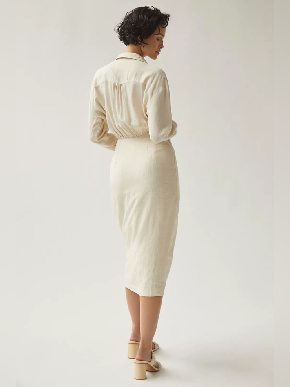 Anthropologie Ivory V-Neck Knot Front Midi Dress Linen Blend US 2 - Picture 3 of 17